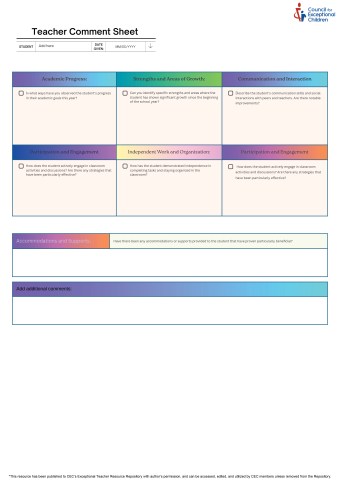 teacher comment sheet
